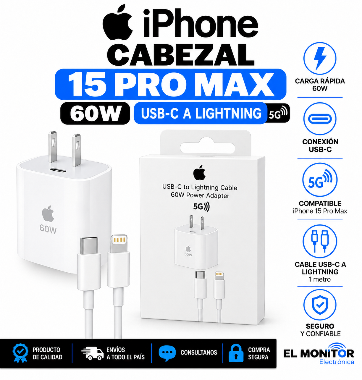 cargador iphone 60w usb c a lightning 15 pro max